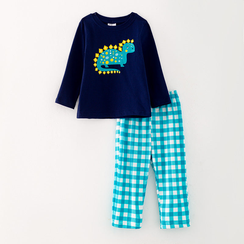 （In Stock L31-01-02）Boys Dinosaur Print Top Plaid Pants Set