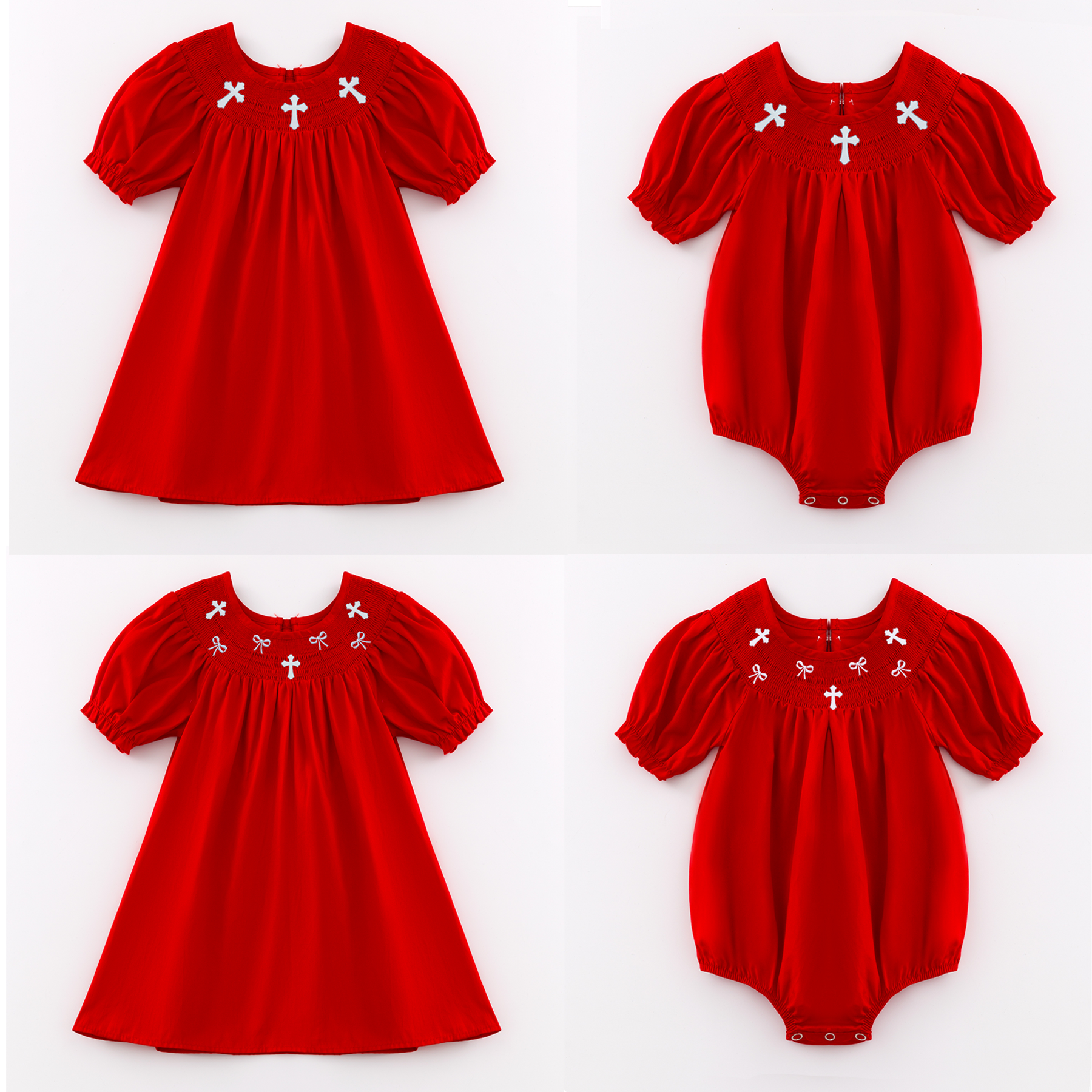 （Pre Order）Sisters Spring and Summer Cross Embroidery Smocked Dress and Romper