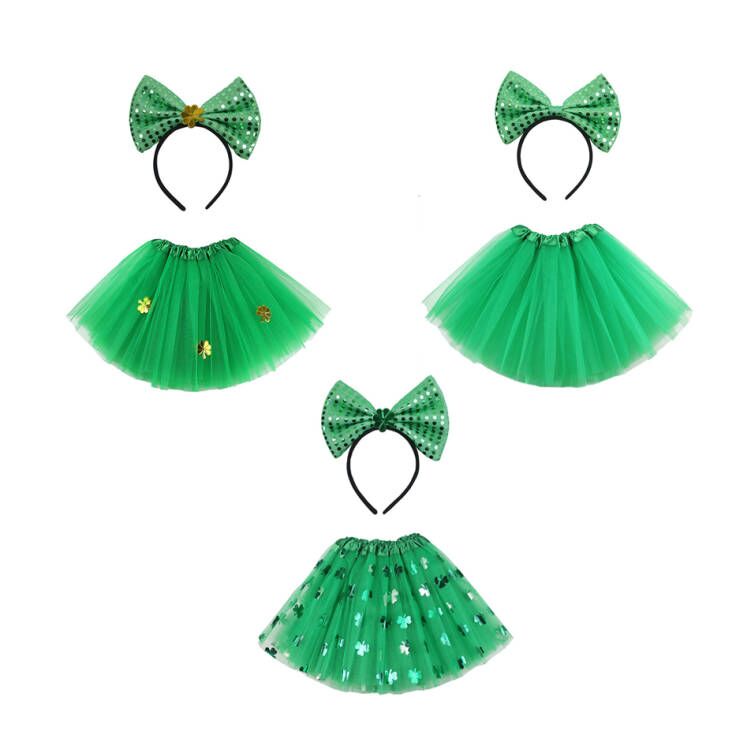 （Pre Order）Girls St.Patrick's Day Shamrock Bow Headband and Triple Tulle Skirt