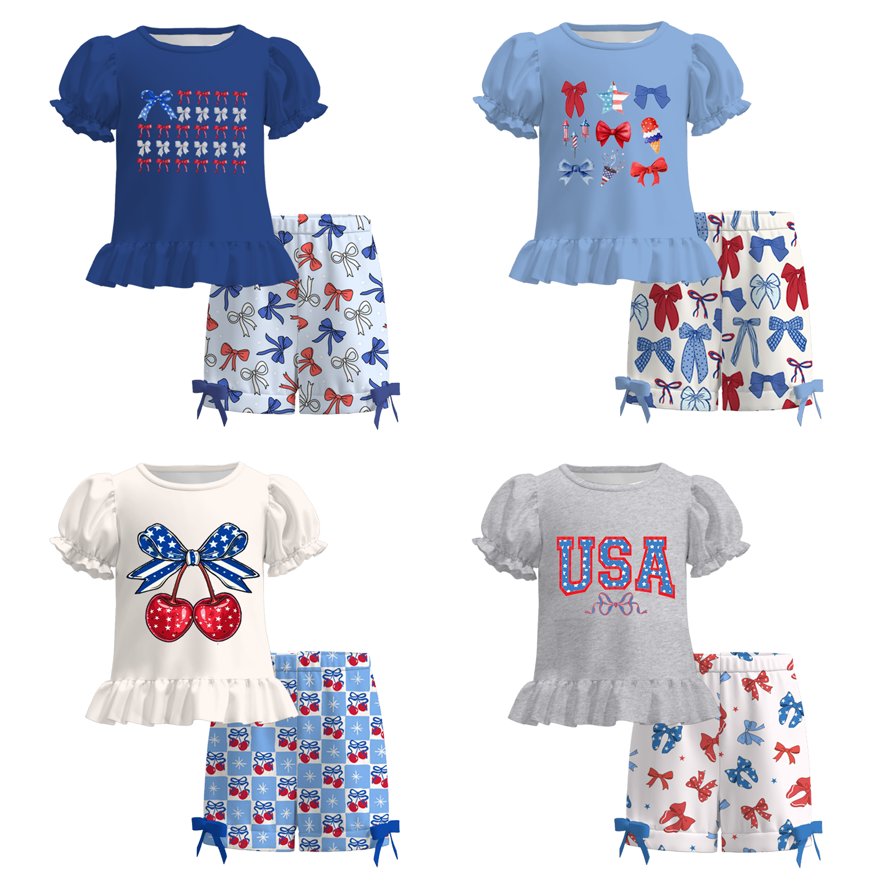 （Pre Order）Girls Patriotic Print Shorts Set