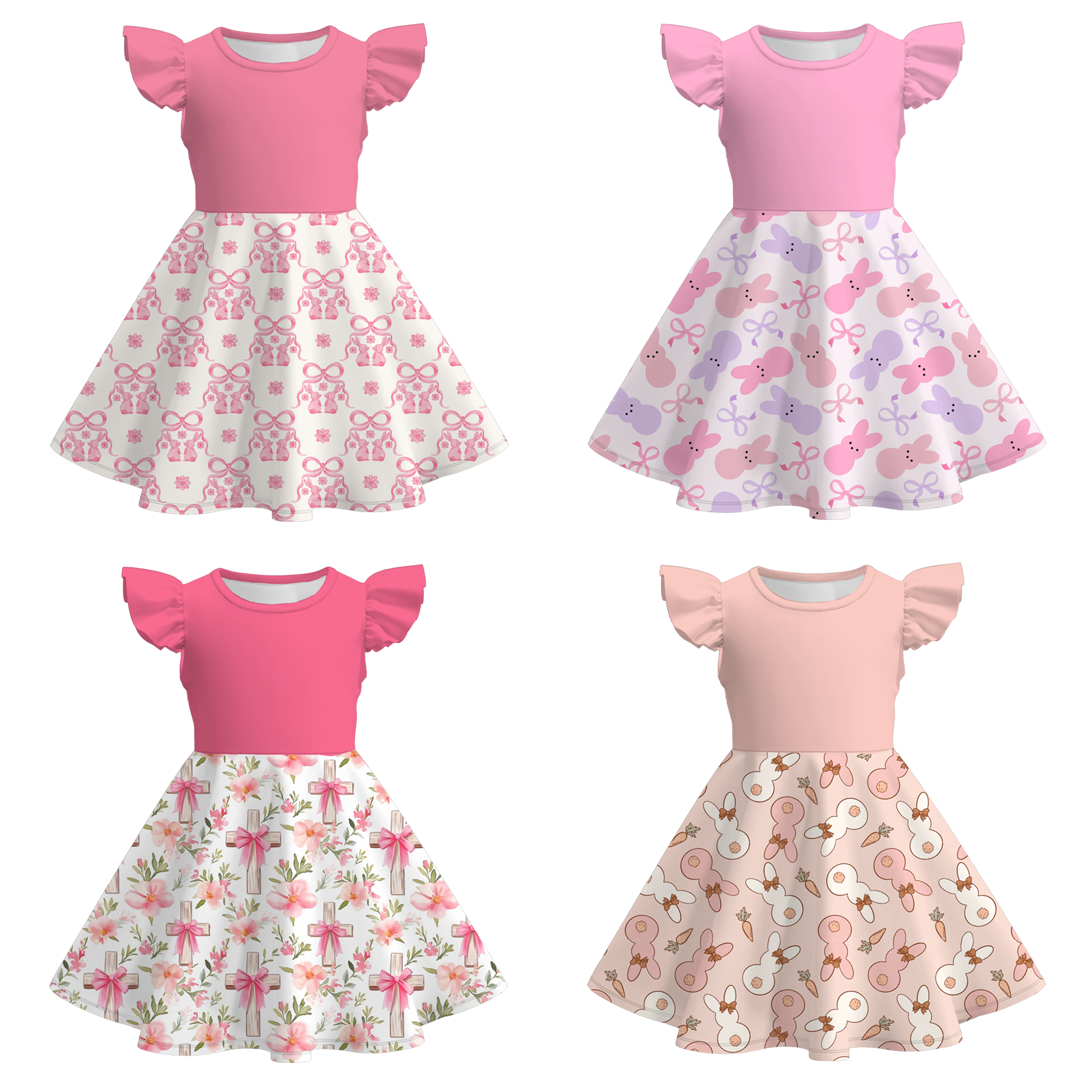 （Pre Order）Girls Easter Bunny Print Flying Sleeves Dress