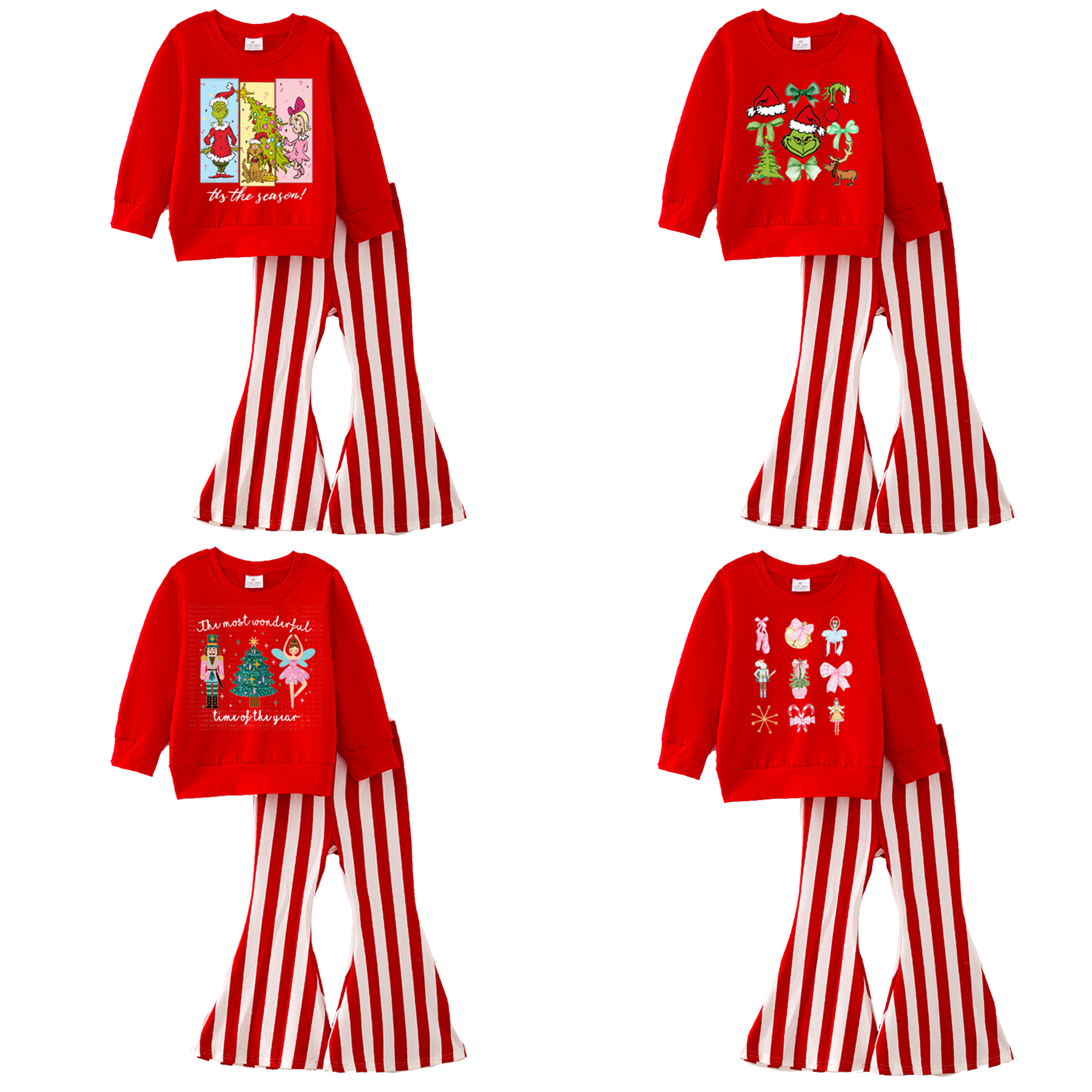 （Pre Order）Girls Christmas Print Top Stripe Pants Set