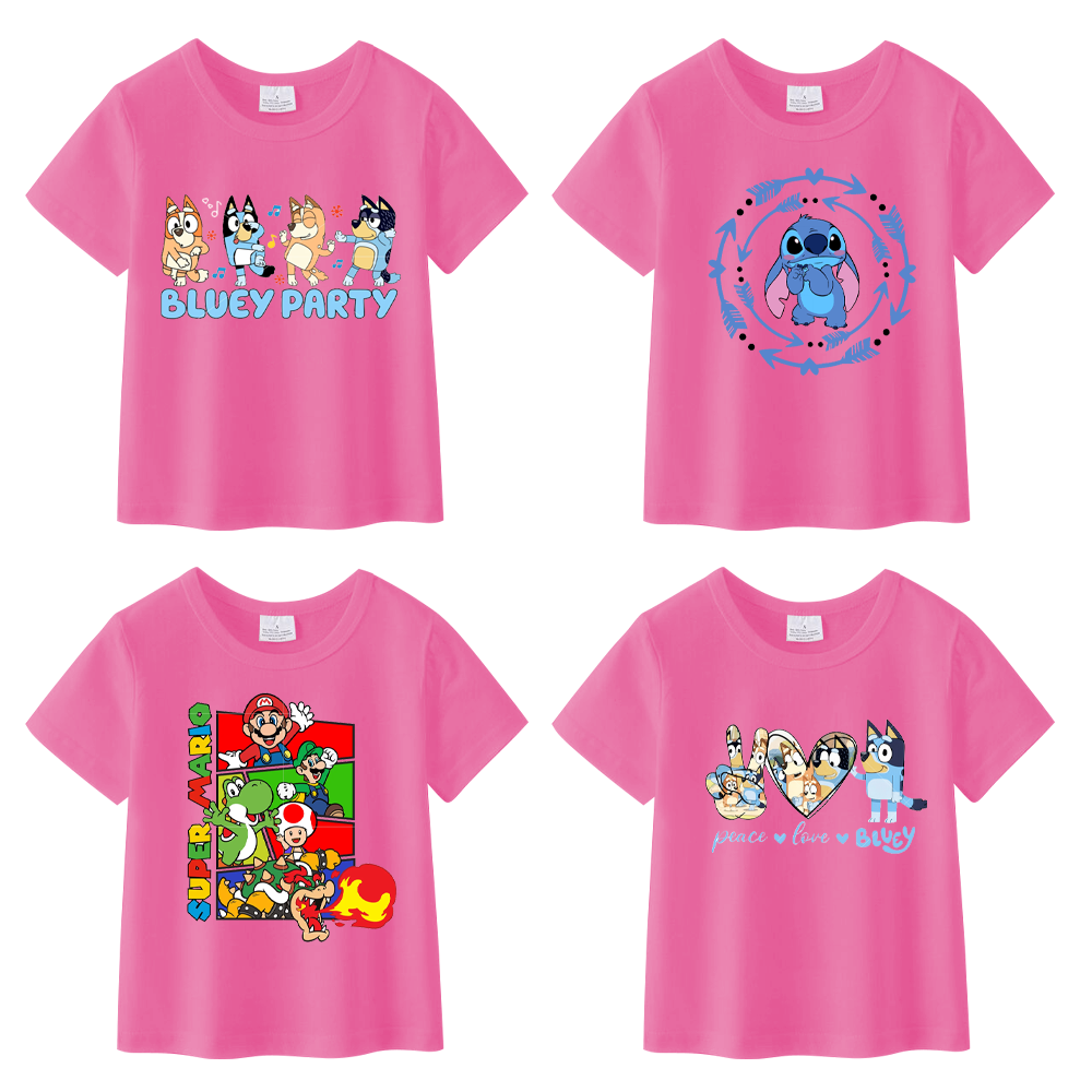 (Pre Order)Girls Hot Pink Cartoon Printed Short Sleeves T-Shirts