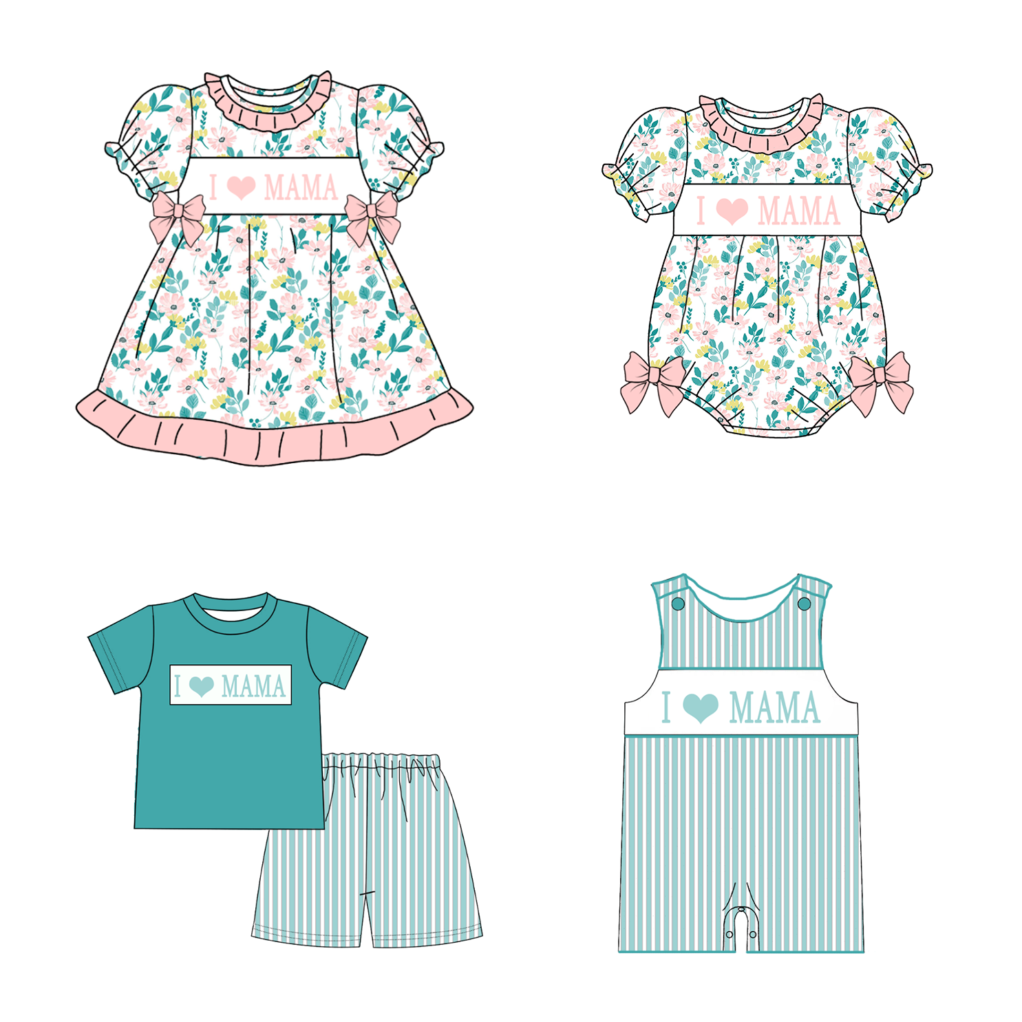 （Pre Order）Sibling Spring and Summer Embroidery Smocked Dress,Romper＆Shorts Set