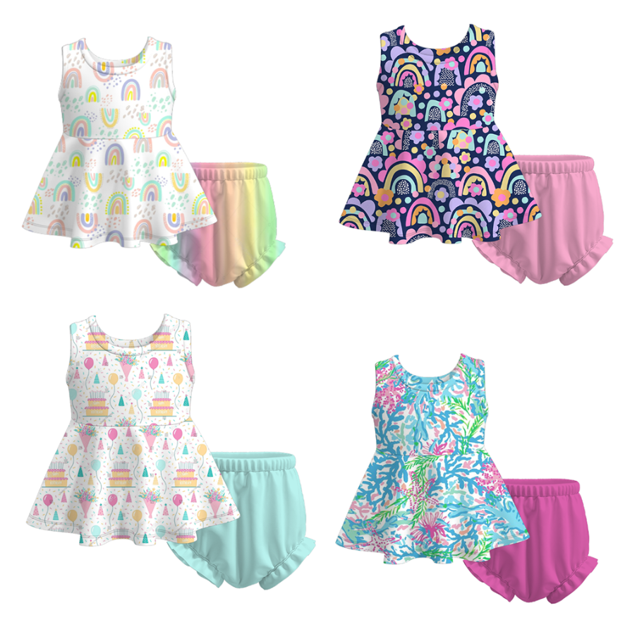 (Pre Order)Baby Girls Rainbow Birthday Floral Print Shorts Set