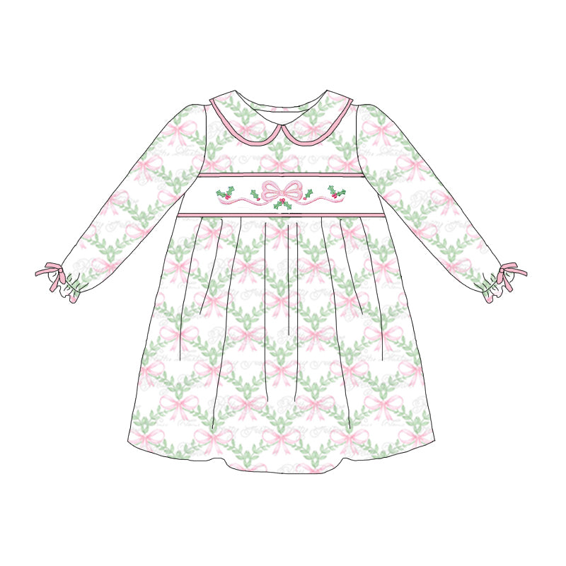 （Pre Order）Fall Girls Bow Embroidery Dress