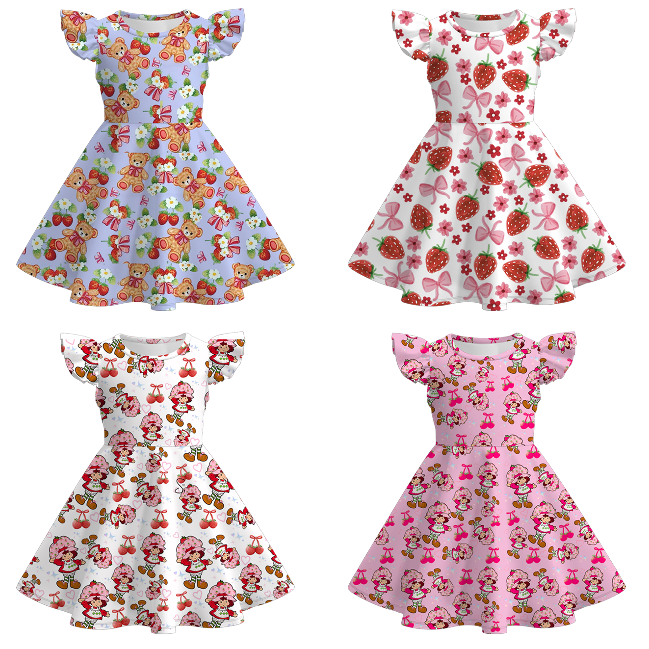 （Pre Order）Girls Spring and Summer Strawberry Print Flying Sleeves Dress