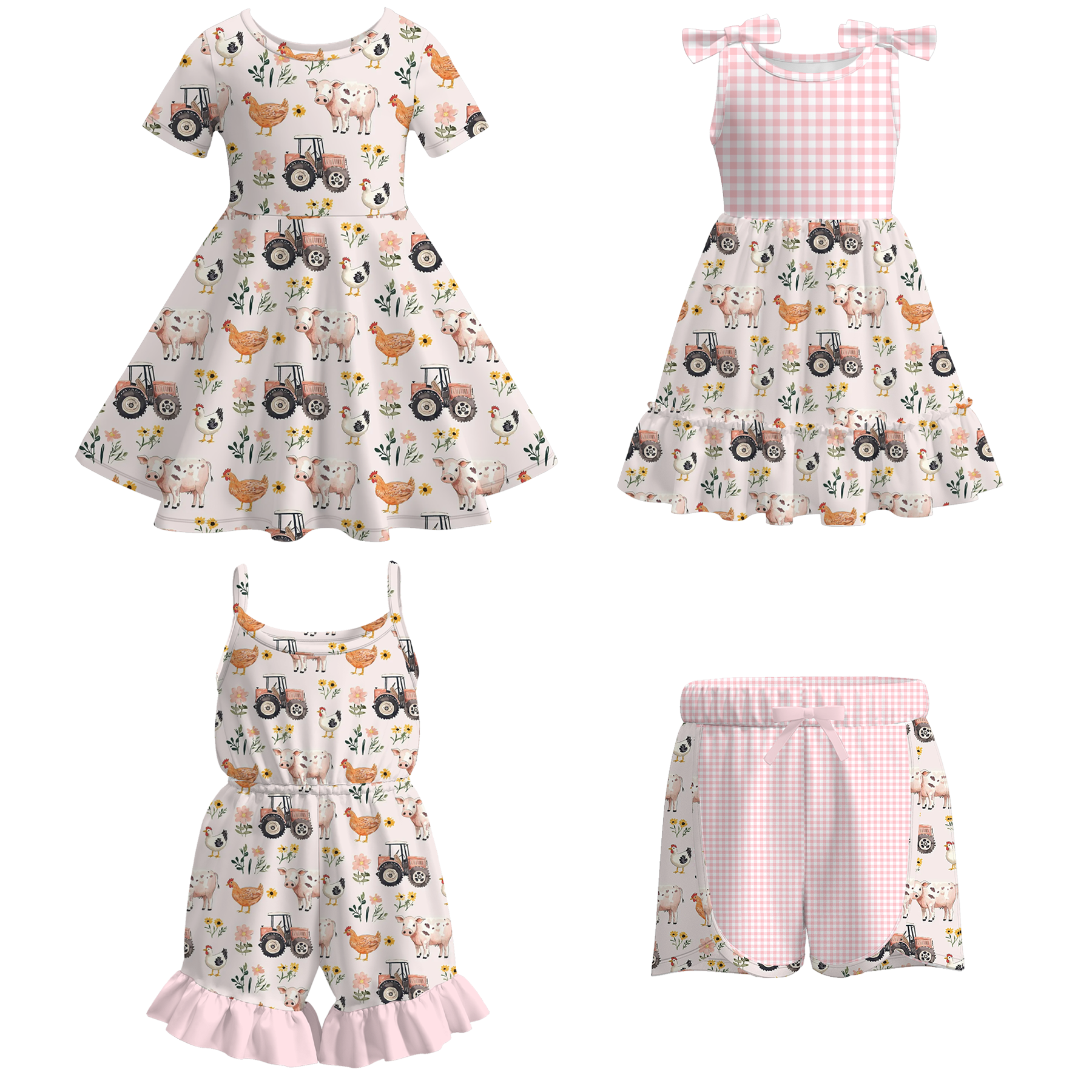 （Pre Order）Girls Spring and Summer Farm Print Dress,Shorts and Jumpsuit