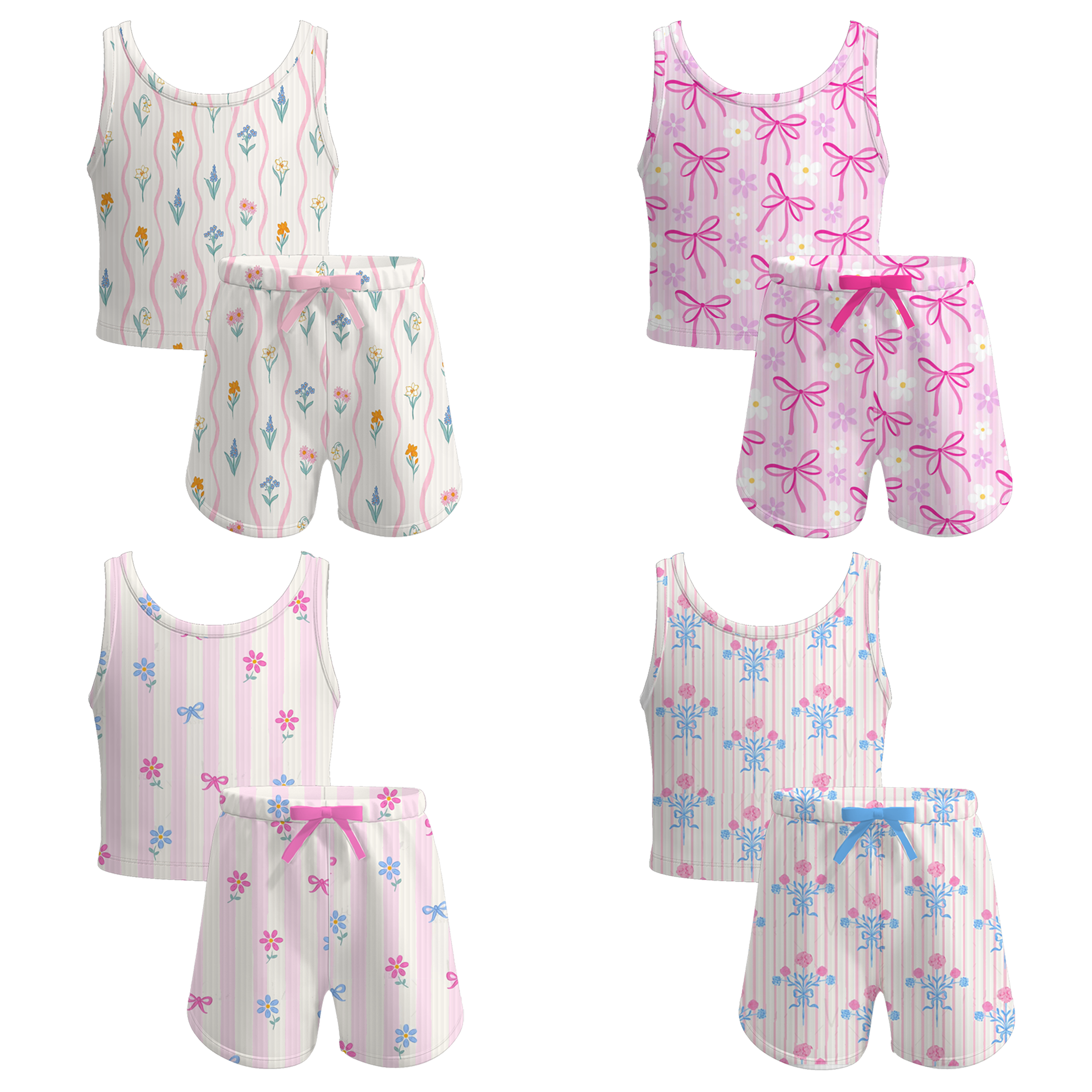 （Pre Order）Girls Spring and Summer Bow＆Floral Print Twill Shorts Set