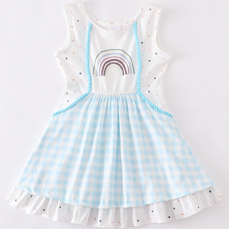 Blue White Plaid Rainbow Dot Dress