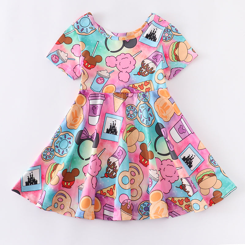 (Pre Order)Girls Summer Cartoon Snack Print Twirl Dress