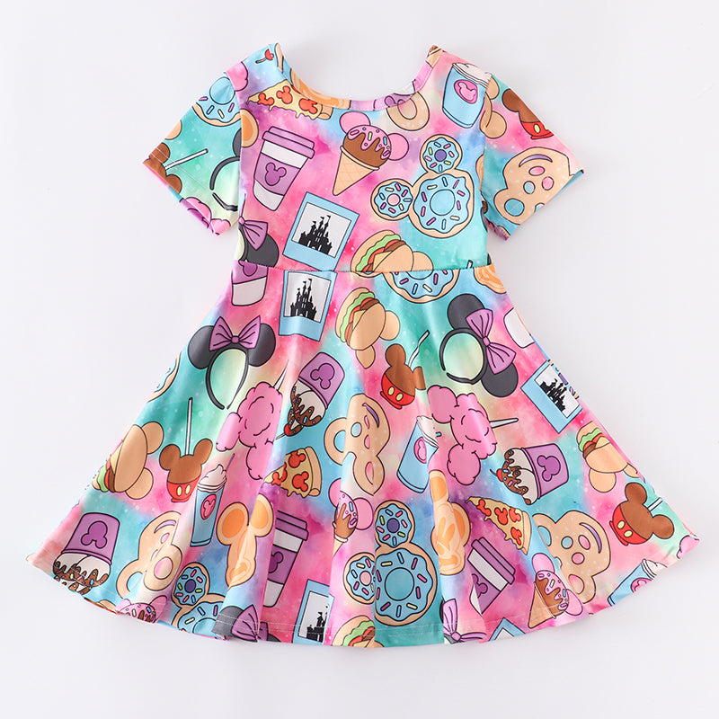 (Pre Order)Girls Summer Cartoon Snack Print Twirl Dress