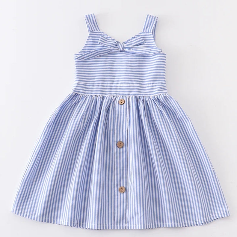 Girls Blue Pink White Stripe Woven Dress