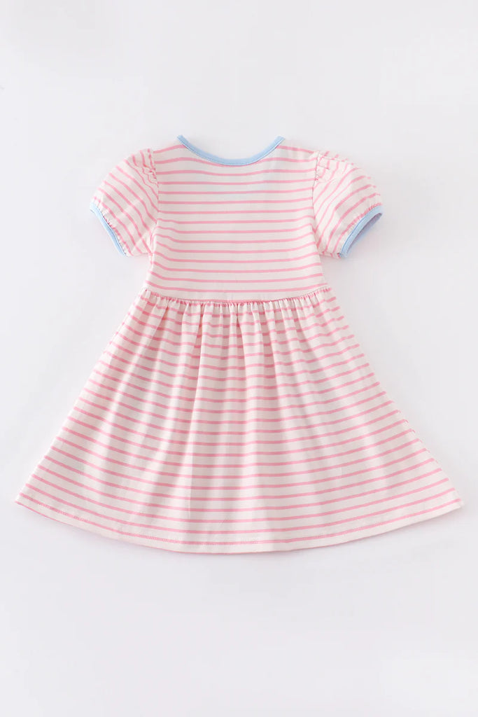 Girls Pink Stripes Strawberry Embroidery Dress