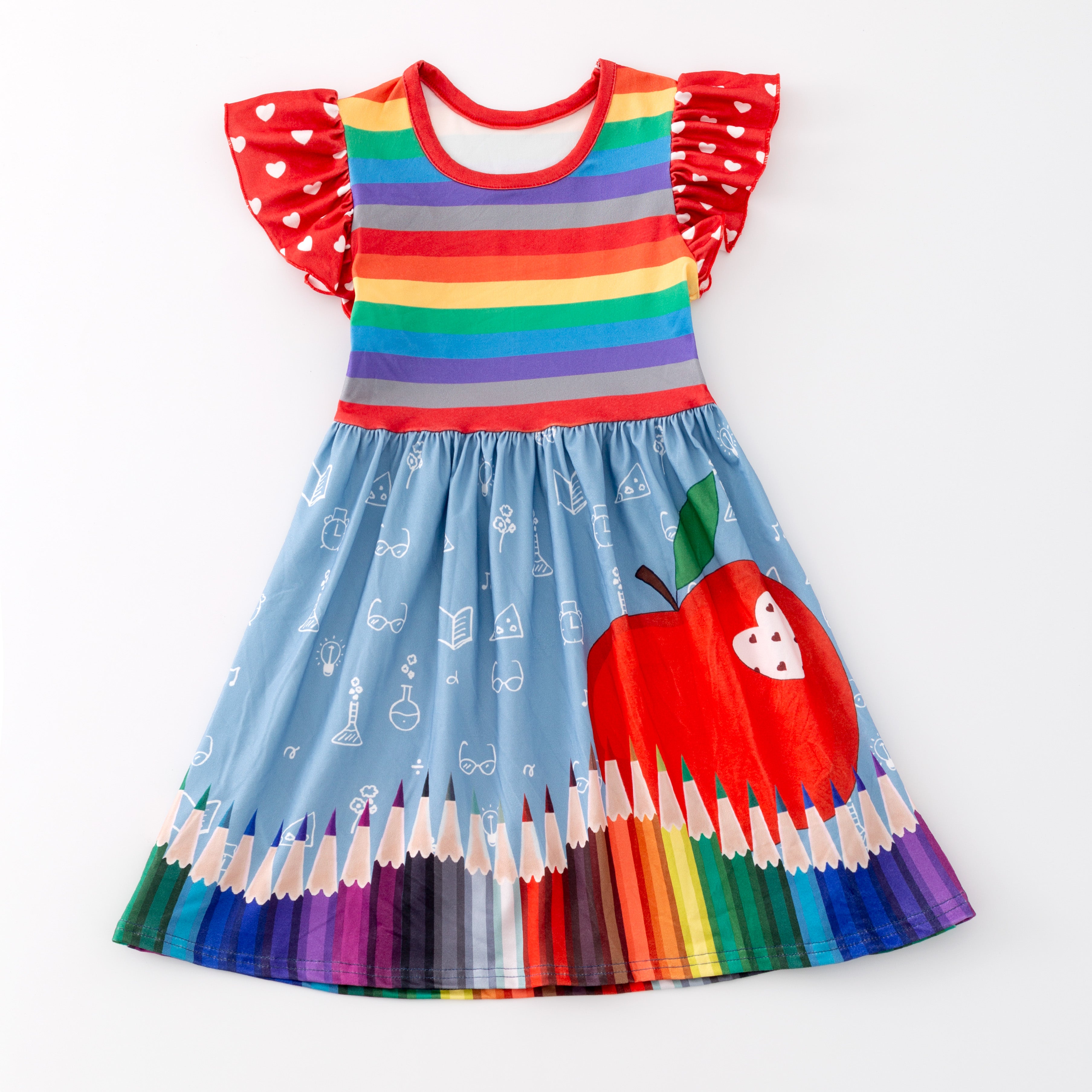 （In Stock L35-4-2）Back To School Pencil Apple Stripe Print Dress