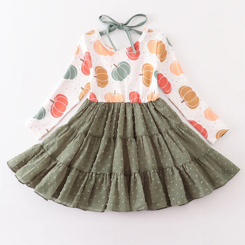 （In Stock E30-02-03）Girls Thanksgiving Pumpkin Print Dress