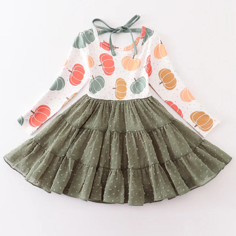 （In Stock E30-02-03）Girls Thanksgiving Pumpkin Print Dress