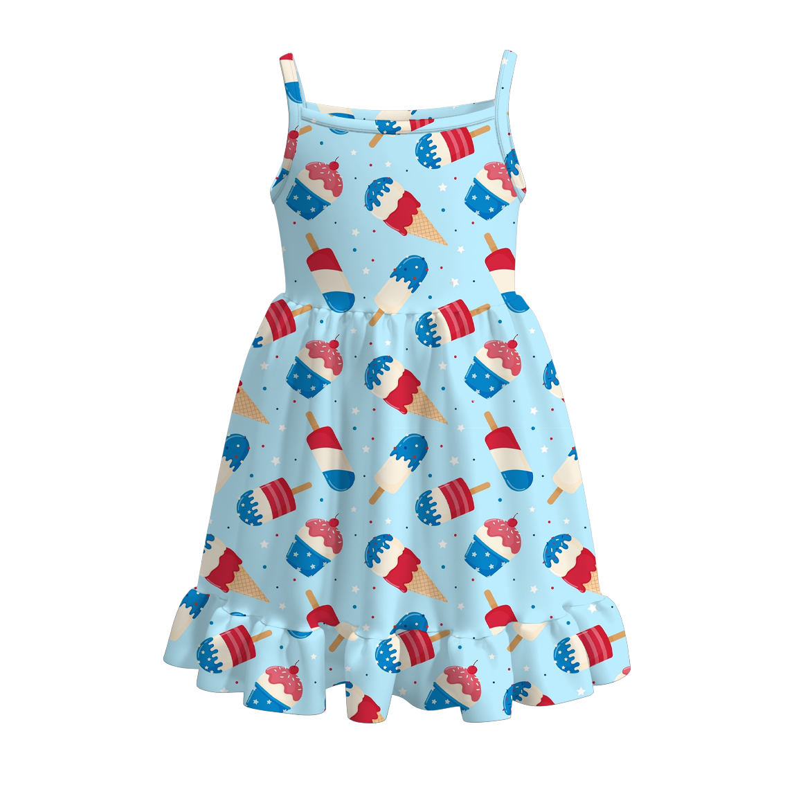 （Pre Order）Summer Girls' Watermelon and Ice Cream Print Strappy Dress