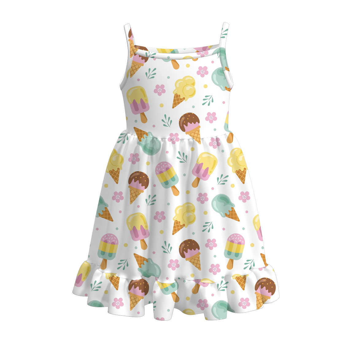 （Pre Order）Summer Girls' Watermelon and Ice Cream Print Strappy Dress