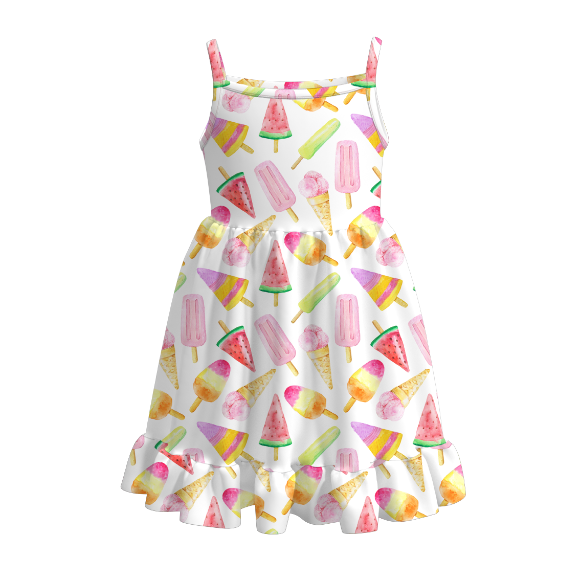 （Pre Order）Summer Girls' Watermelon and Ice Cream Print Strappy Dress