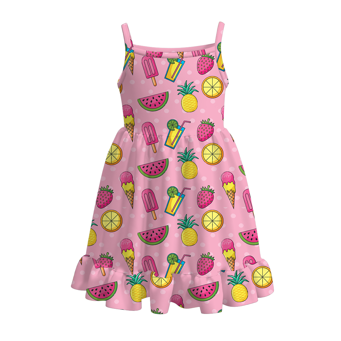 （Pre Order）Summer Girls' Watermelon and Ice Cream Print Strappy Dress