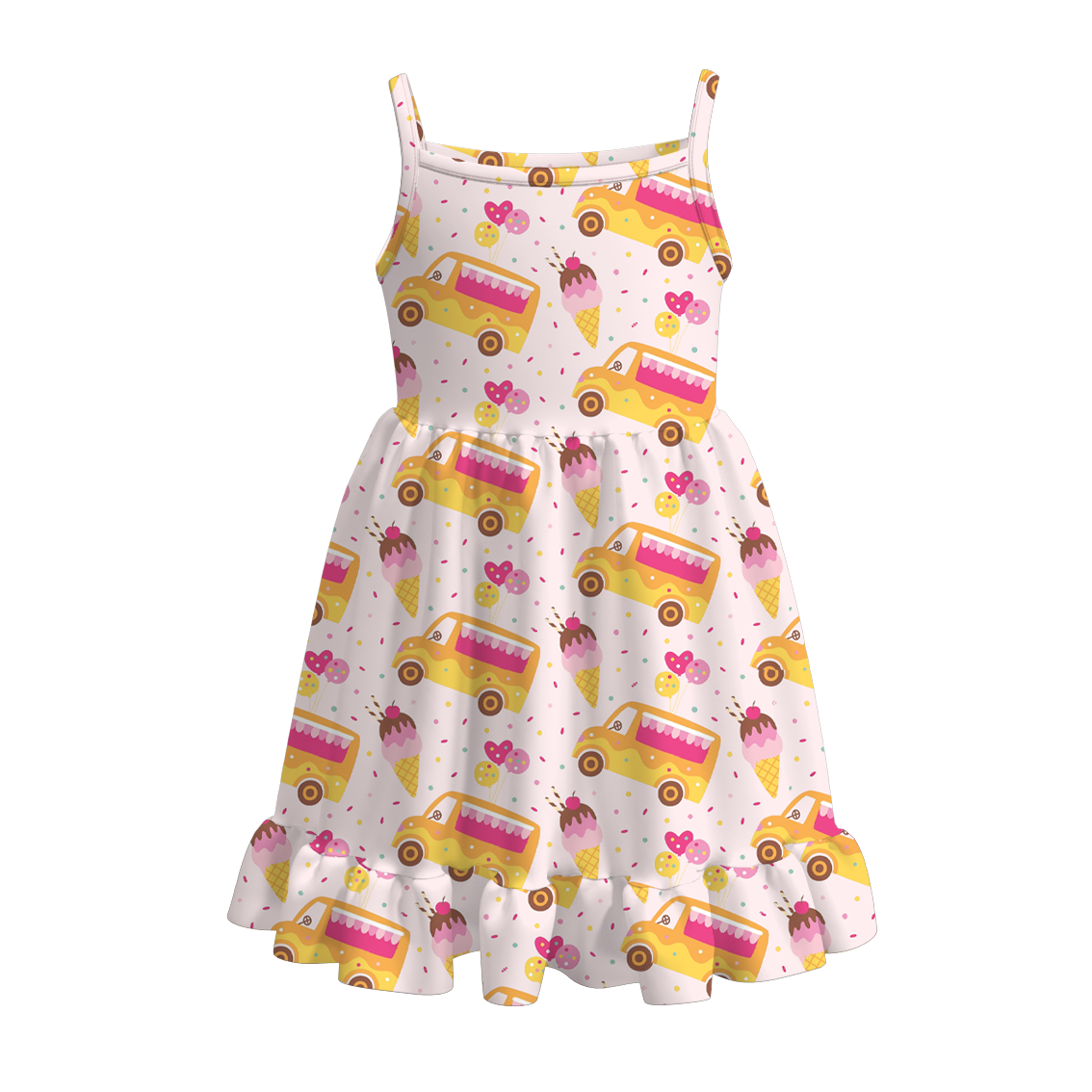 （Pre Order）Summer Girls' Watermelon and Ice Cream Print Strappy Dress