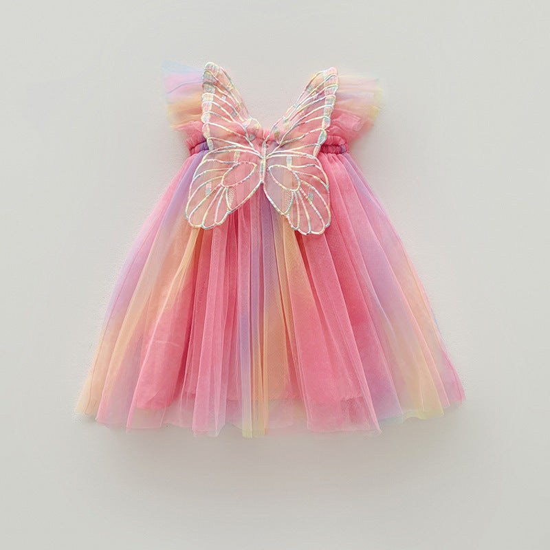 (Pre Order)Girls Rainbow Wing Mesh Flutter Sleeve Dress