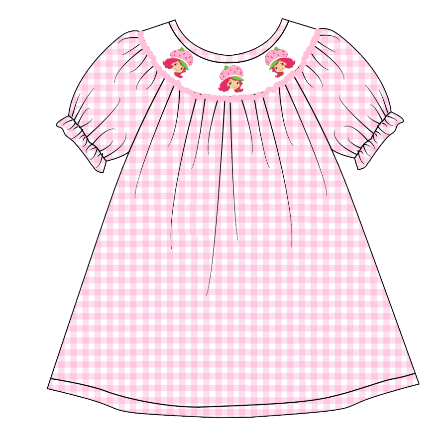 （Pre Order）Girls Pink Plaid Embroidery Bubbles Smocked Dress