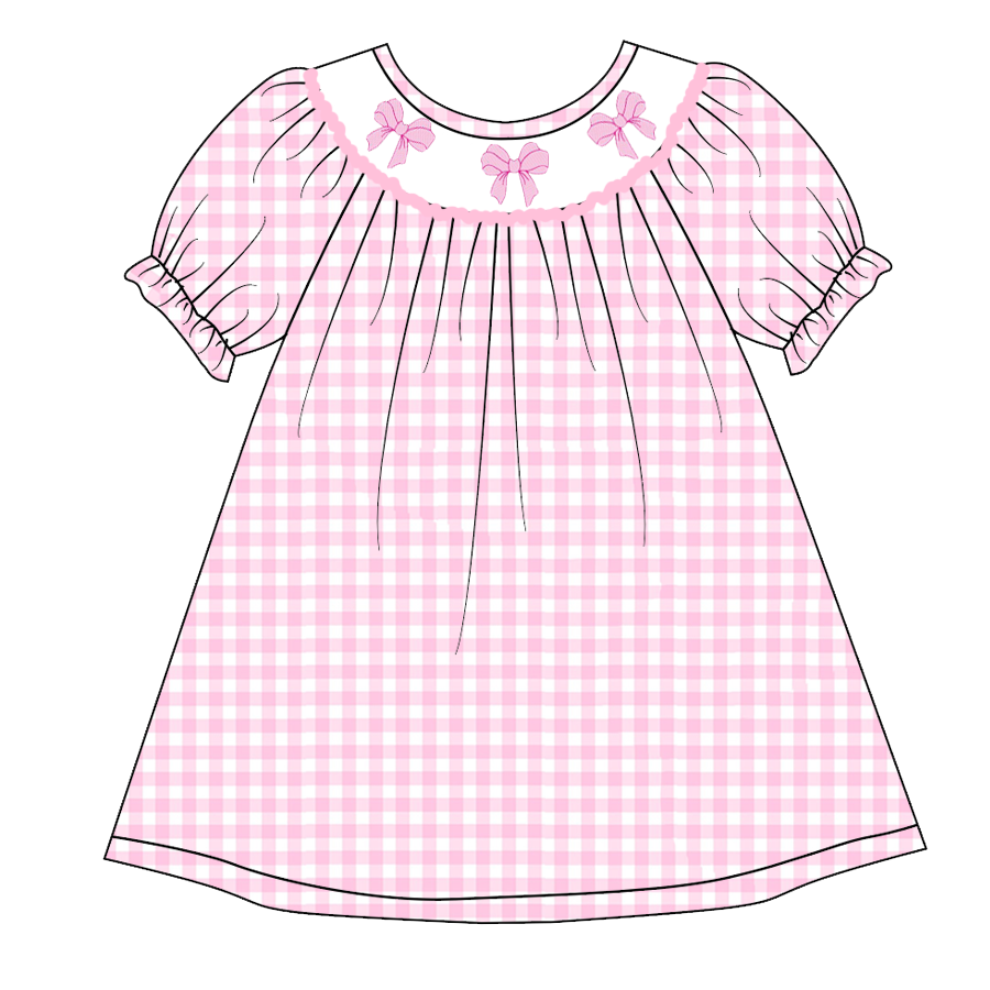 （Pre Order）Girls Pink Plaid Embroidery Bubbles Smocked Dress