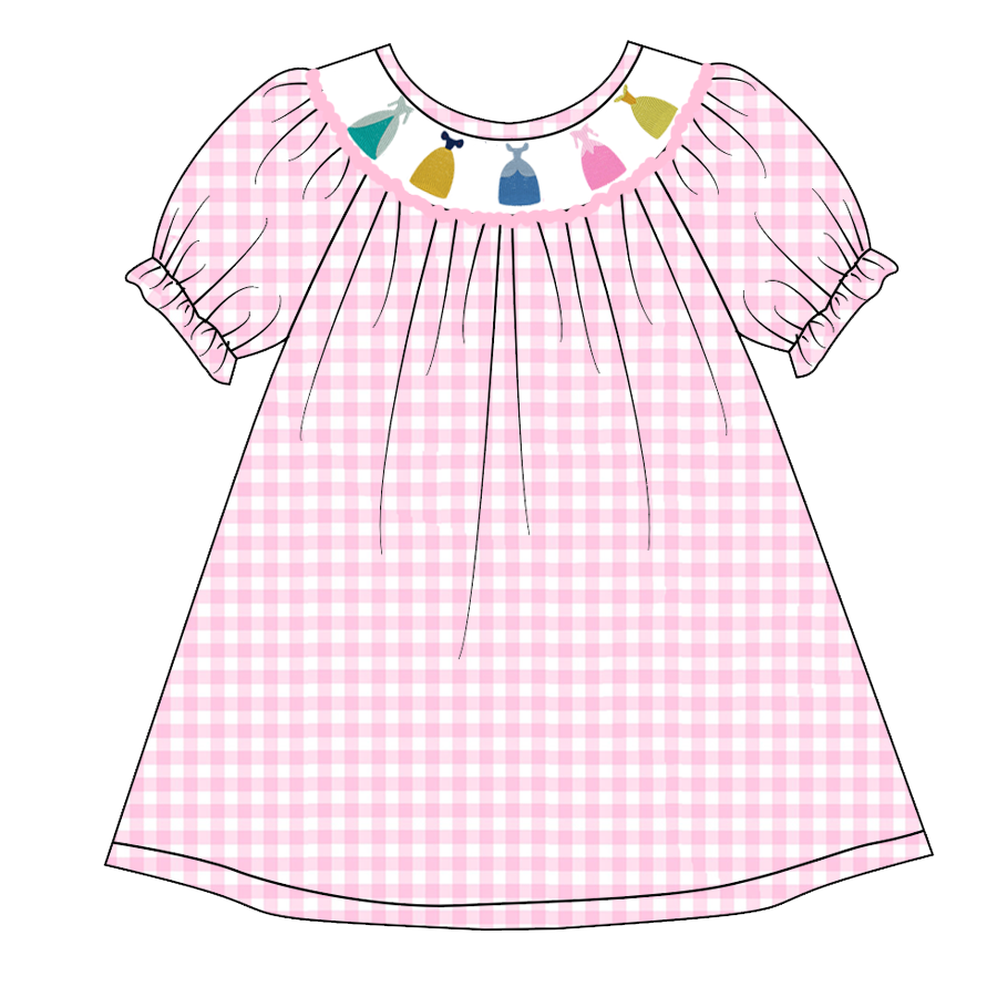 （Pre Order）Girls Pink Plaid Embroidery Bubbles Smocked Dress