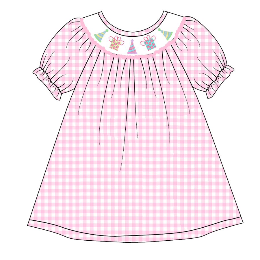 （Pre Order）Girls Pink Plaid Embroidery Bubbles Smocked Dress