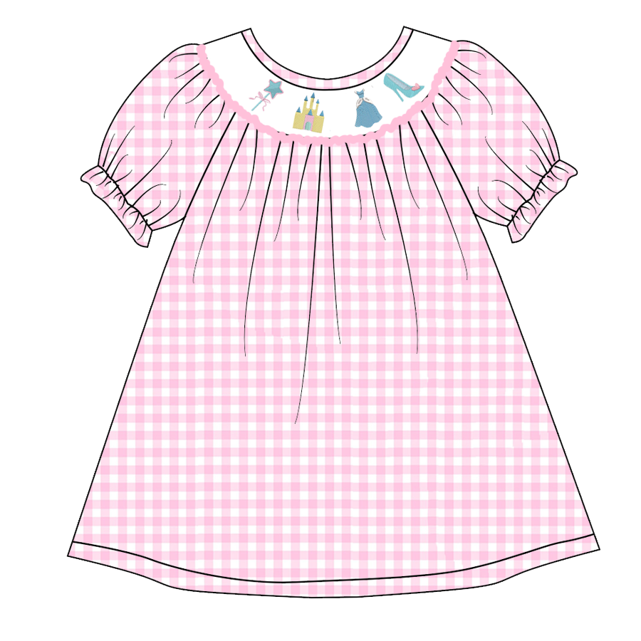 （Pre Order）Girls Pink Plaid Embroidery Bubbles Smocked Dress