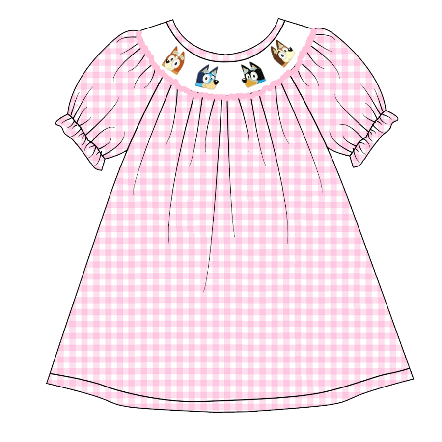 （Pre Order）Girls Pink Plaid Embroidery Bubbles Smocked Dress