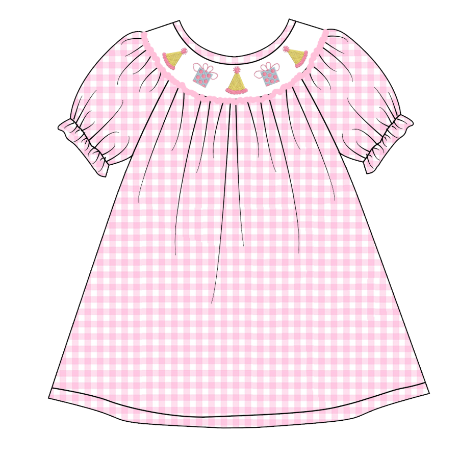 （Pre Order）Girls Pink Plaid Embroidery Bubbles Smocked Dress