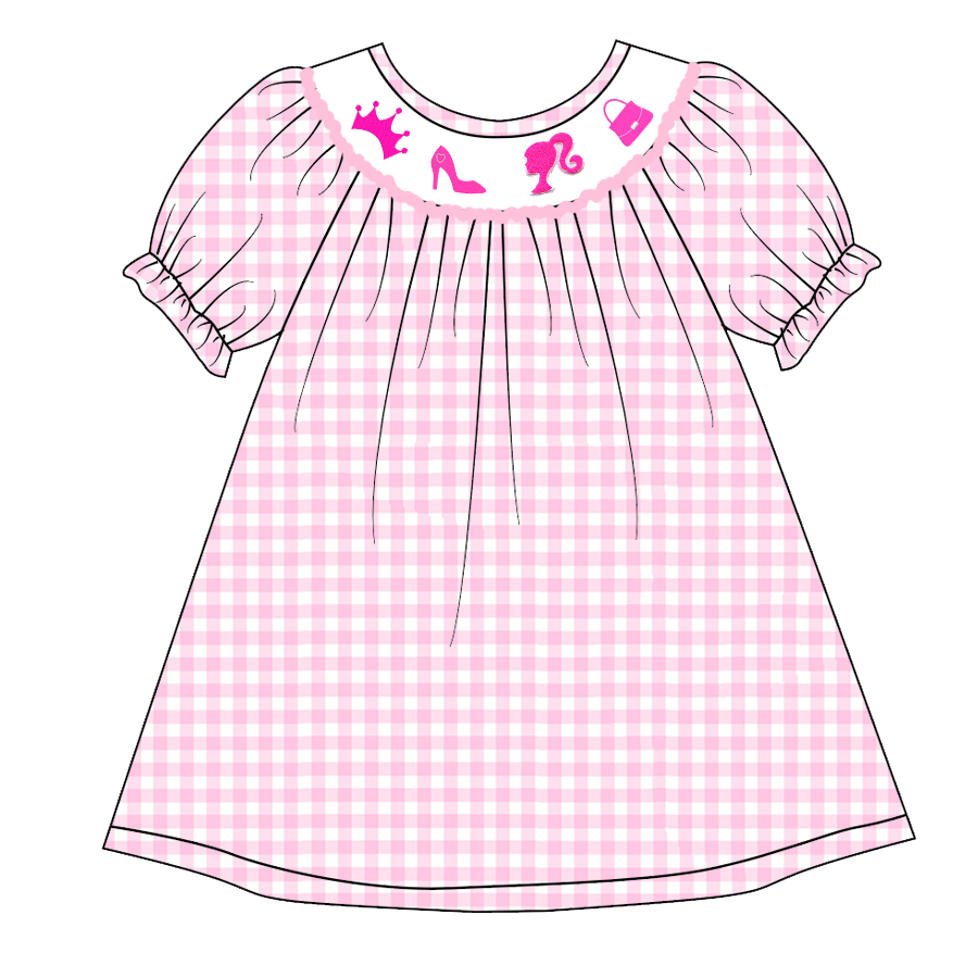 （Pre Order）Girls Pink Plaid Embroidery Bubbles Smocked Dress