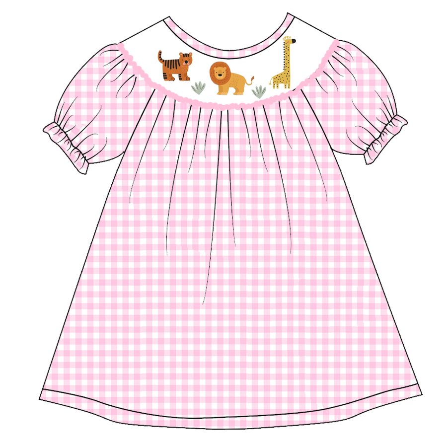 （Pre Order）Girls Pink Plaid Embroidery Bubbles Smocked Dress