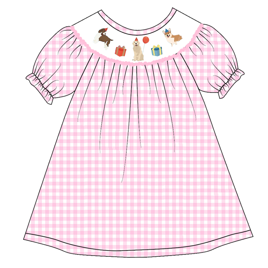 （Pre Order）Girls Pink Plaid Embroidery Bubbles Smocked Dress