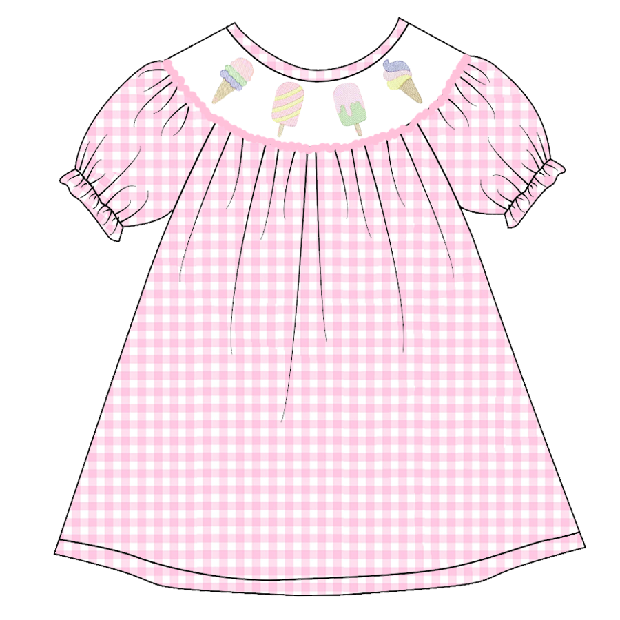 （Pre Order）Girls Pink Plaid Embroidery Bubbles Smocked Dress