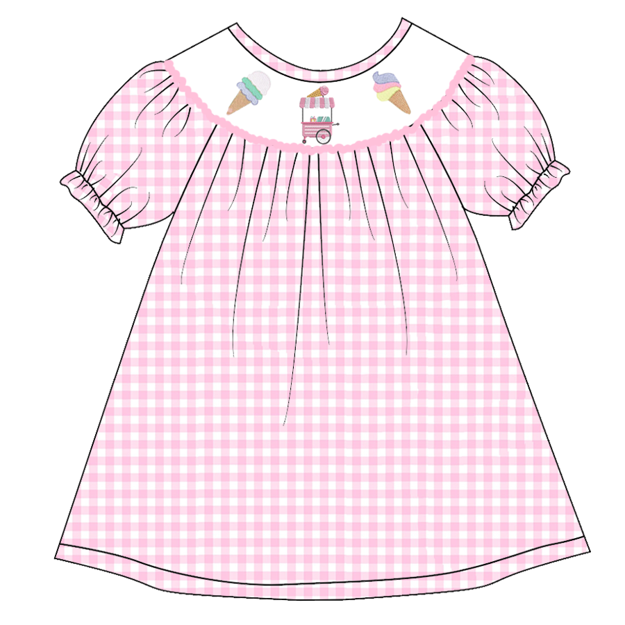 （Pre Order）Girls Pink Plaid Embroidery Bubbles Smocked Dress