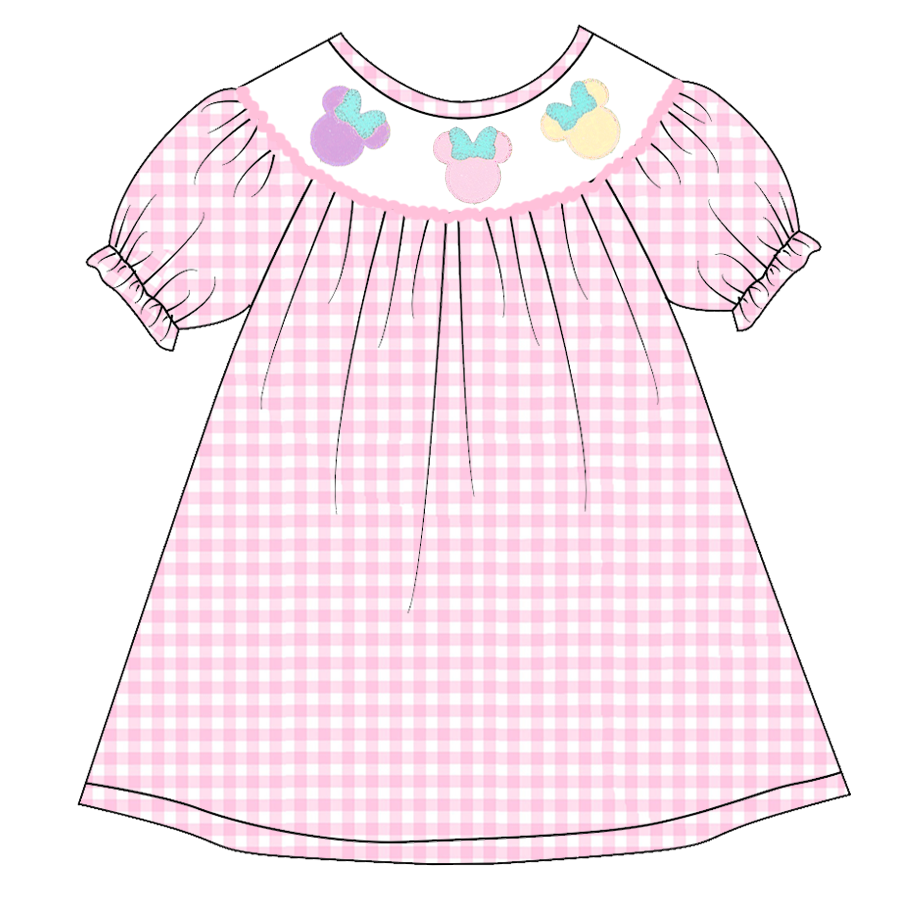 （Pre Order）Girls Pink Plaid Embroidery Bubbles Smocked Dress