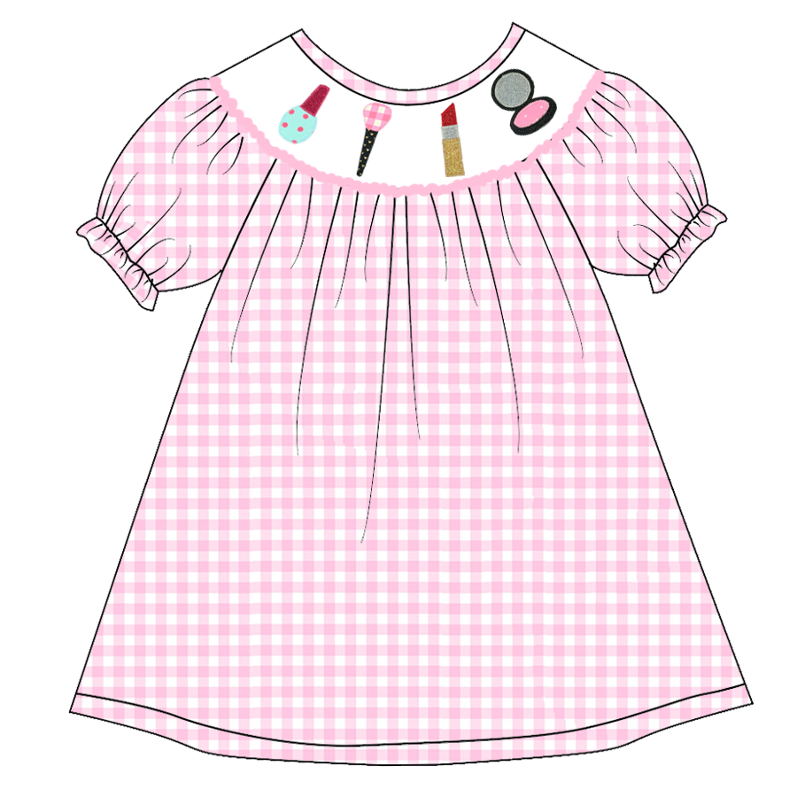 （Pre Order）Girls Pink Plaid Embroidery Bubbles Smocked Dress