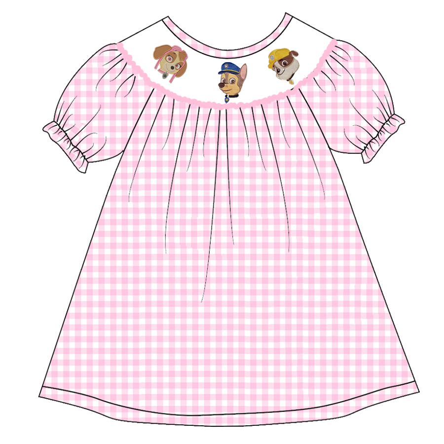 （Pre Order）Girls Pink Plaid Embroidery Bubbles Smocked Dress