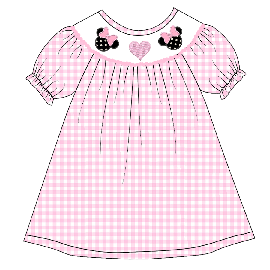 （Pre Order）Girls Pink Plaid Embroidery Bubbles Smocked Dress