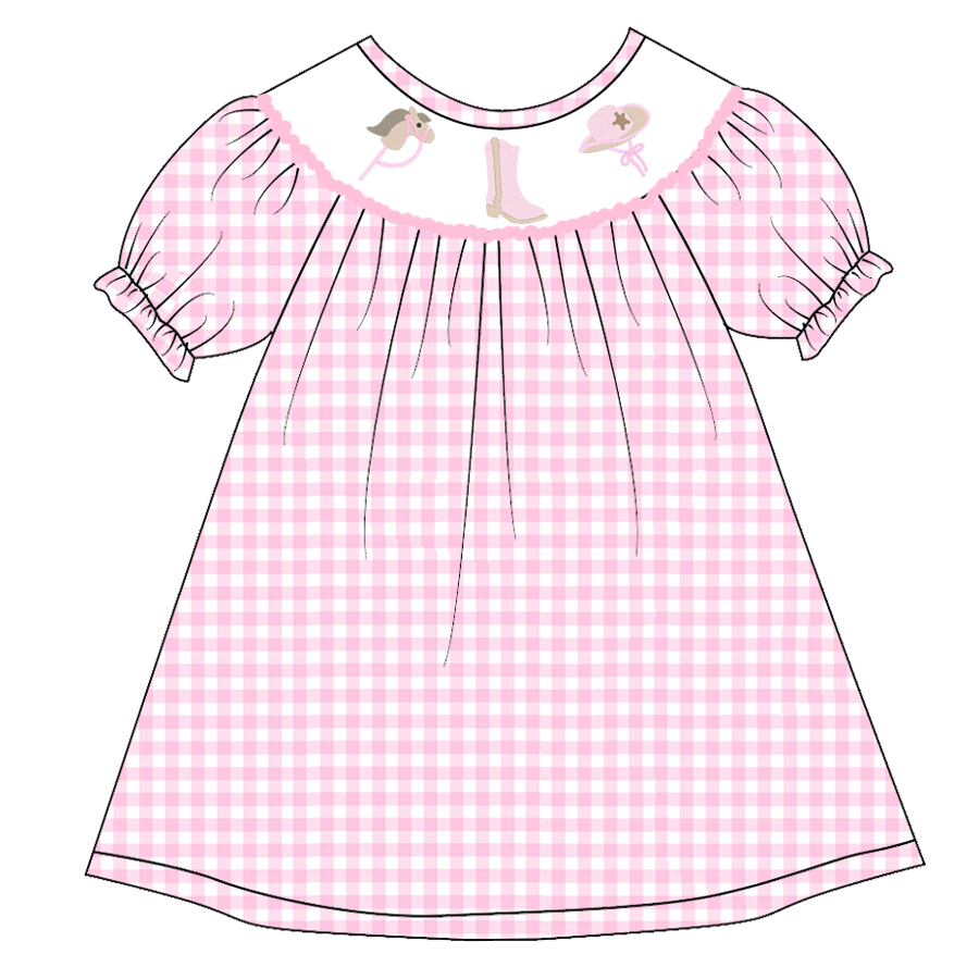 （Pre Order）Girls Pink Plaid Embroidery Bubbles Smocked Dress