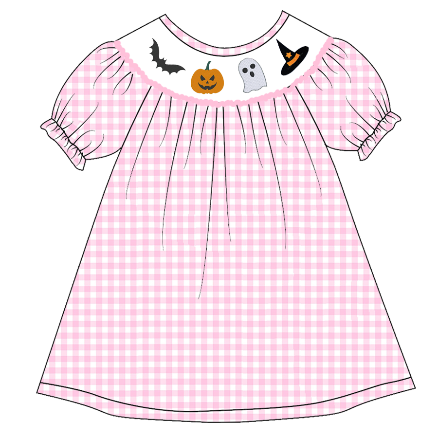 （Pre Order）Girls Halloween Embroidery Bubbles Smocked Dress