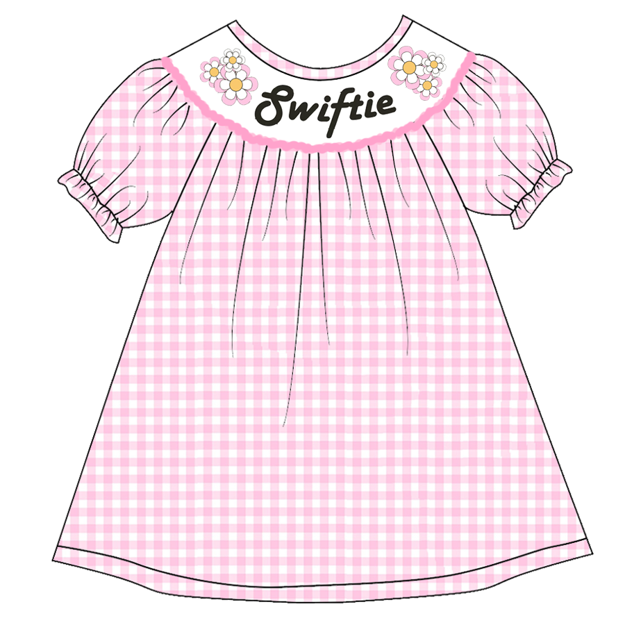 （Pre Order）Girls Pink Plaid Embroidery Bubbles Smocked Dress