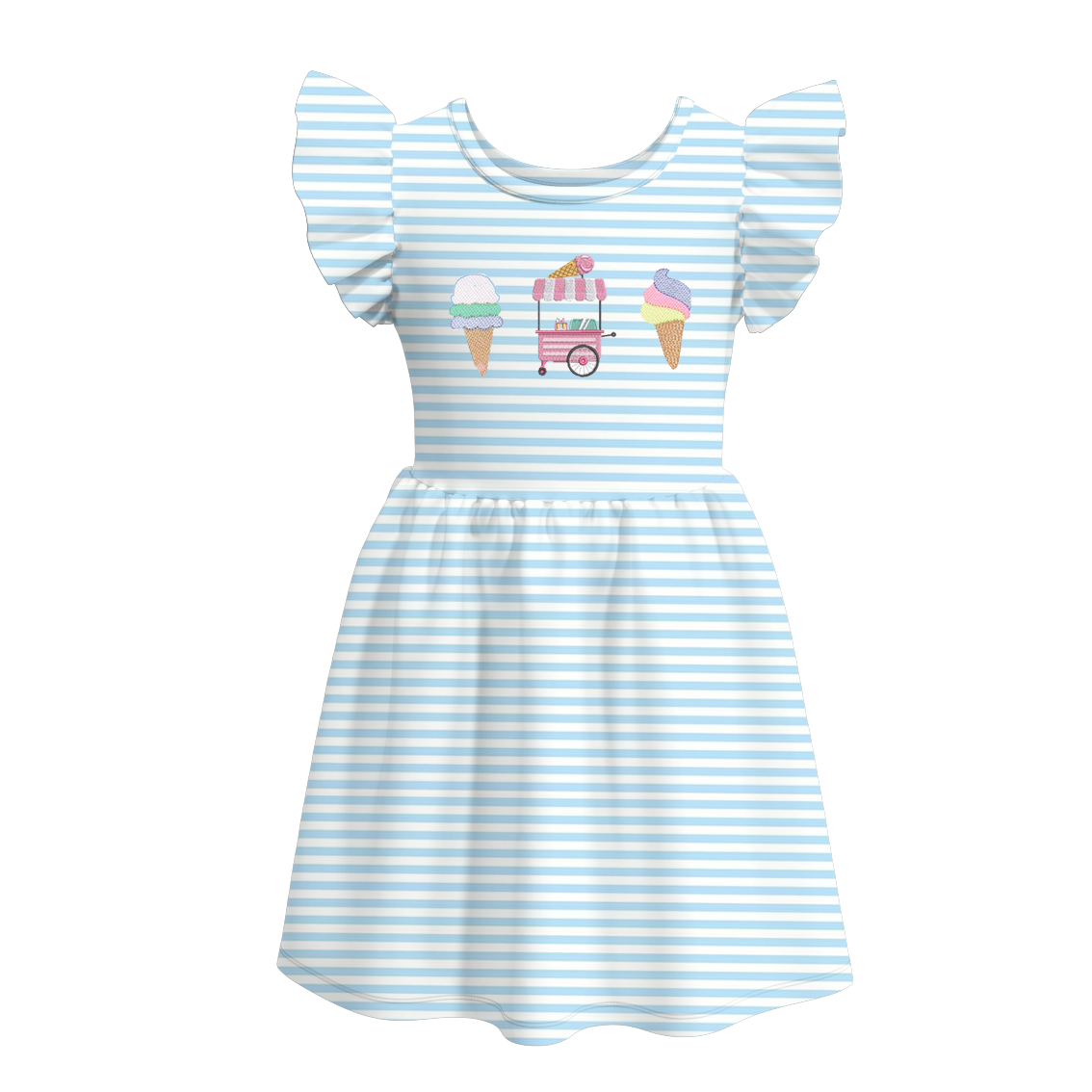 （Pre Order）Girls Blue Stripe Embroidery Dress