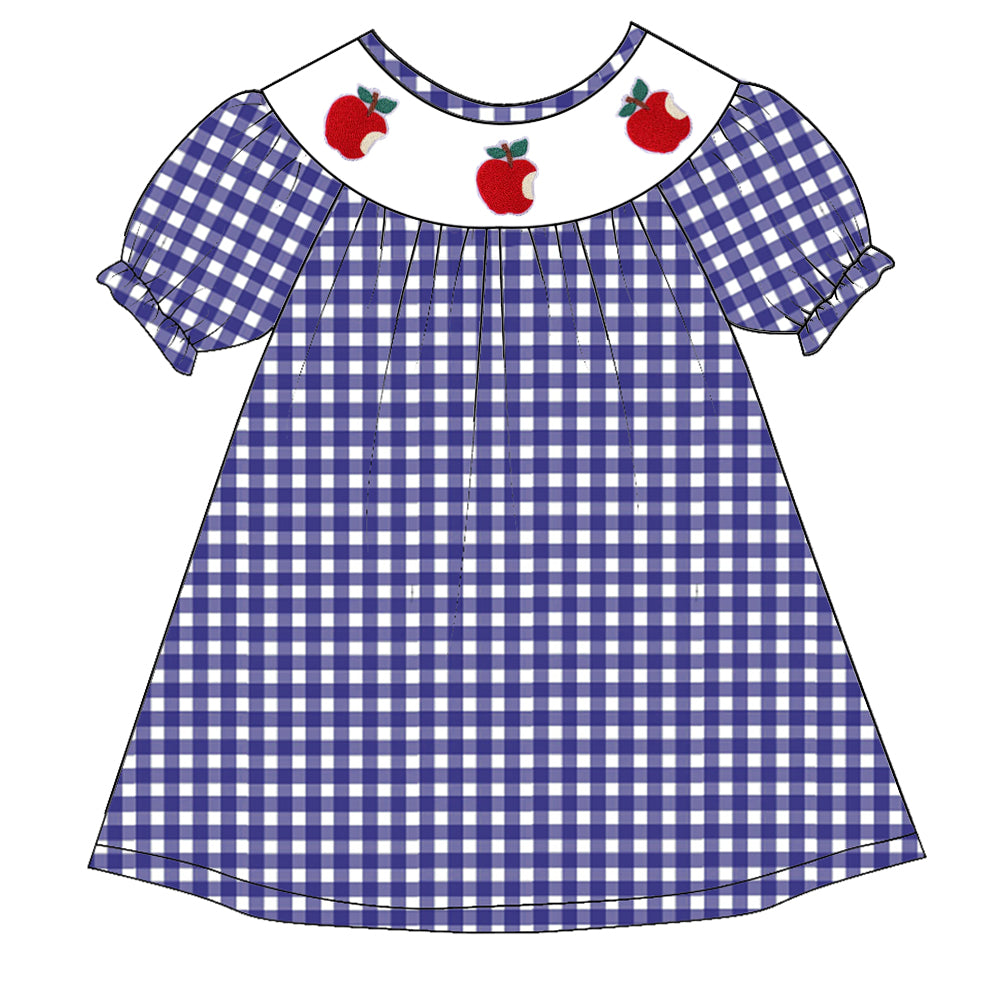 （Pre Order）Girls Blue Plaid Back To School Embroidery Smocked Dress