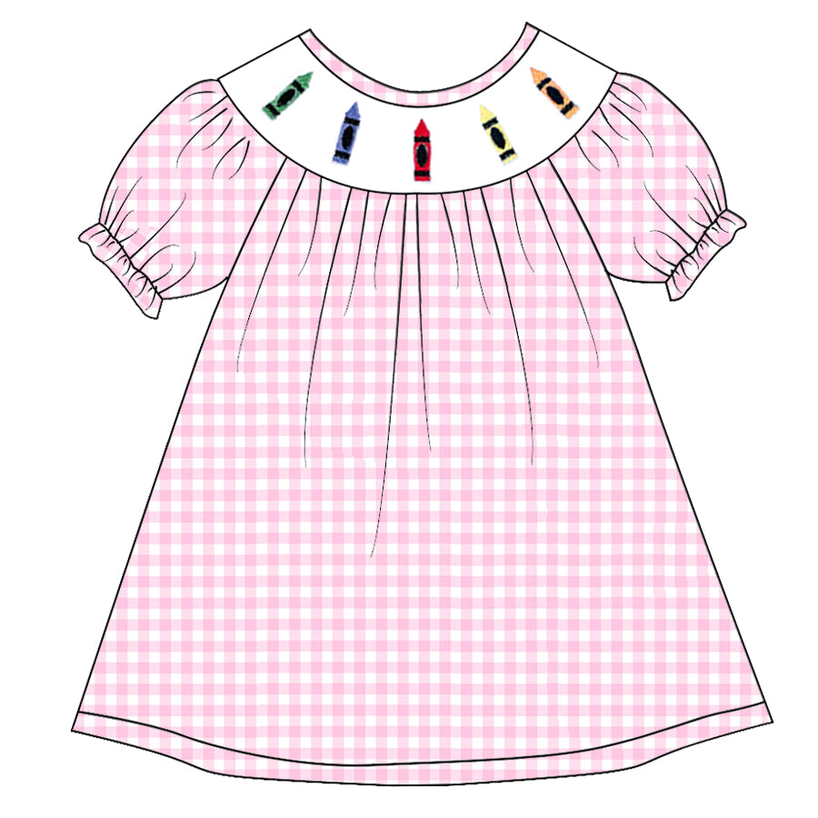 （Pre Order）Girls Pink Plaid Back To School Embroidery Smocked Dress