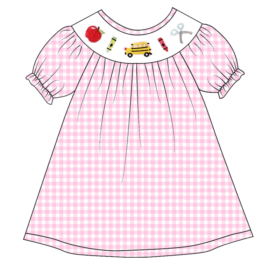 （Pre Order）Girls Pink Plaid Back To School Embroidery Smocked Dress